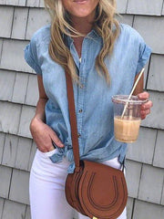 Cotton Women Fashion Tie Turn Down Collar Short Sleeve Blouses