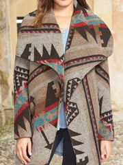 Fashion Retro Print Lapel Long sleeve Woolen Coat