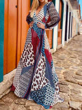 Fashion Casual Gored print V neck Long sleeve Skater Maxi Dresses