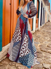 Fashion Casual Gored print V neck Long sleeve Skater Maxi Dresses