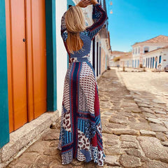 Fashion Casual Gored print V neck Long sleeve Skater Maxi Dresses