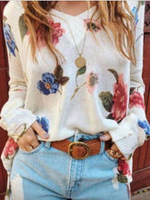 Casual Loose Floral print V neck Long sleeve Knit Sweaters