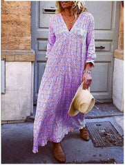 Fahion Casual Loose Print V neck Long sleeve Maxi Dresses