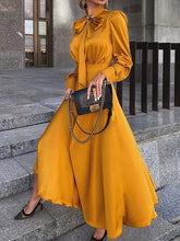 Pure Stylish Elegant Bow tie Long sleeve Lacing Skater Maxi Dresses