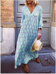 Fahion Casual Loose Print V neck Long sleeve Maxi Dresses