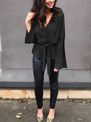 Elegant Long Sleeve V-neck Tie Blouse