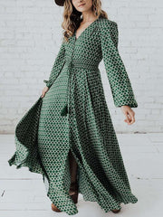 Fashion Elegant Plaid V neck Long sleeve Lacing Vent Maxi Dresses