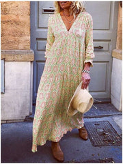 Fahion Casual Loose Print V neck Long sleeve Maxi Dresses