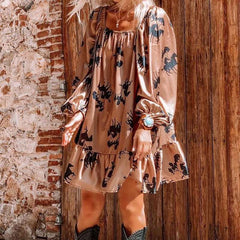 Casual Loose Print One shoulder Long sleeve Gored Falbala Shift Dresses