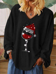 Casual Loose Christmas cup printing V neck Long sleeve T-Shirts