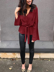 Elegant Long Sleeve V-neck Tie Blouse