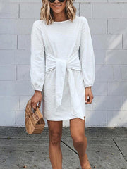 Chic round neck long sleeve plain tie-waist skater dresses