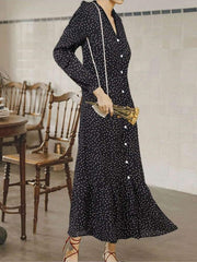 Fashion Print V neck Long sleeve Gored Falbala Fastener Maxi Dresses
