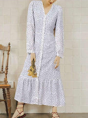 Fashion Print V neck Long sleeve Gored Falbala Fastener Maxi Dresses