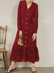 Fashion Print V neck Long sleeve Gored Falbala Fastener Maxi Dresses