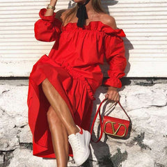 Causual Pure One shoulder Long sleeve Falbala Maxi Dresses