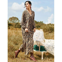 Casual Loose Floral print V neck Long sleeve Maxi Dresses