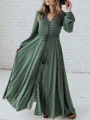 Fashion Elegant Plaid V neck Long sleeve Lacing Vent Maxi Dresses