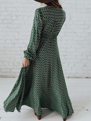 Fashion Elegant Plaid V neck Long sleeve Lacing Vent Maxi Dresses