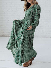 Fashion Elegant Plaid V neck Long sleeve Lacing Vent Maxi Dresses
