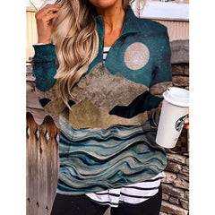 Fashion Landscape print Lapel Long sleeve Zipper Sweatshirts