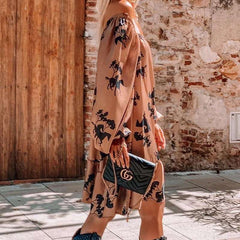 Casual Loose Print One shoulder Long sleeve Gored Falbala Shift Dresses