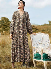 Casual Loose Floral print V neck Long sleeve Maxi Dresses