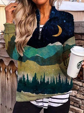 Fashion Landscape print Lapel Long sleeve Zipper Sweatshirts
