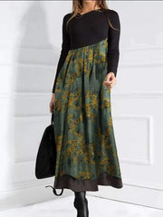 Fashion Gored Print V neck Long sleeve Maxi Dresses