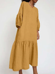 Casual Loose Pure V neck Long sleeve Gored Maxi Dresses