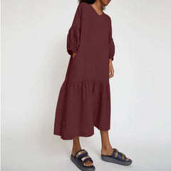 Casual Loose Pure V neck Long sleeve Gored Maxi Dresses