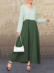 Fashion Casual Loose Gored V neck Long sleeve Maxi Dresses