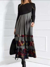 Fashion Gored Print V neck Long sleeve Maxi Dresses