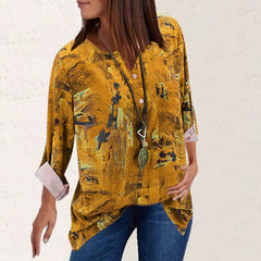 Casual Retro Print V neck Long sleeve Blouses