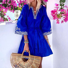 Casual Gored print V neck Three quarter sleeve Lacing Shift Dresses