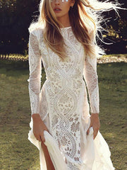 Elegant Lace White Wome Long Sleeve Backless Evening Dresses