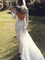 Elegant Lace White Wome Long Sleeve Backless Evening Dresses