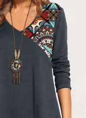 Fashion Gored print V neck Long sleeve Shift Dresses