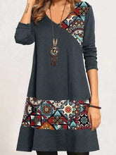 Fashion Gored print V neck Long sleeve Shift Dresses