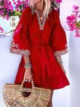 Casual Gored print V neck Three quarter sleeve Lacing Shift Dresses