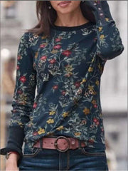 Fashion Retro print Round neck Long sleeve T-Shirts