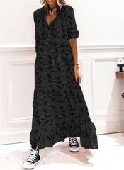 Fashion Casual Skeleton print Lapel Long sleeve Maxi Dresses