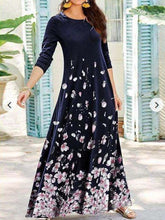 Fashion Retro Floral print Round neck Long sleeve Maxi Dresses