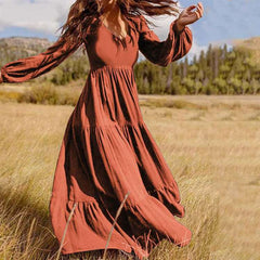 Fashion Casual Pure Gored V neck Long sleeve Maxi Dresses