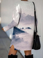 Fashion Landscape print Round neck Long sleeve Knit Shift Dresses