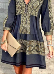 Fashion Gored Print V neck Long sleeve Shift Dresses