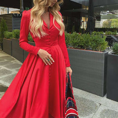 Fashion Pure Lapel Long sleeve Fastener Skater Maxi Dresses