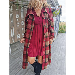 Fashion Plaid Lapel Long sleeve Woolen Trench Coats