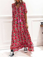 Fashion Casual Skeleton print Lapel Long sleeve Maxi Dresses