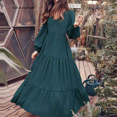 Fashion Casual Pure Gored V neck Long sleeve Maxi Dresses